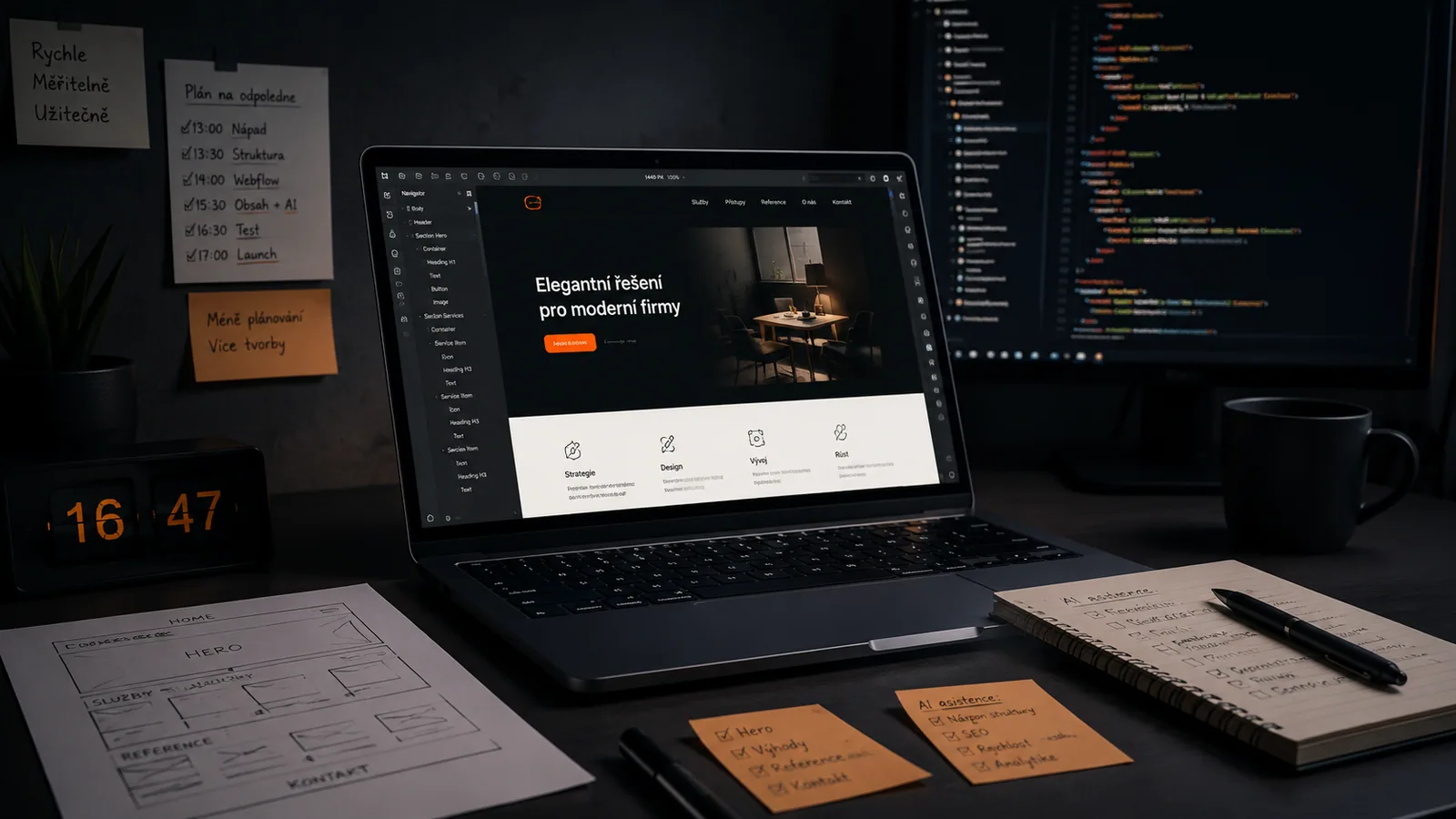 Editorial vizuál tmavé pracovní plochy s editorem kódu, prohlížečem a chatem AI asistenta — rychlá stavba webu pomocí AI workflow.